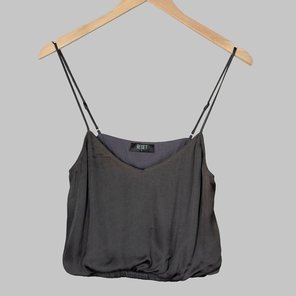 Reset Cami Crop Top Womens Small Dark Gray VNeck Spaghetti Straps Elastic Waist